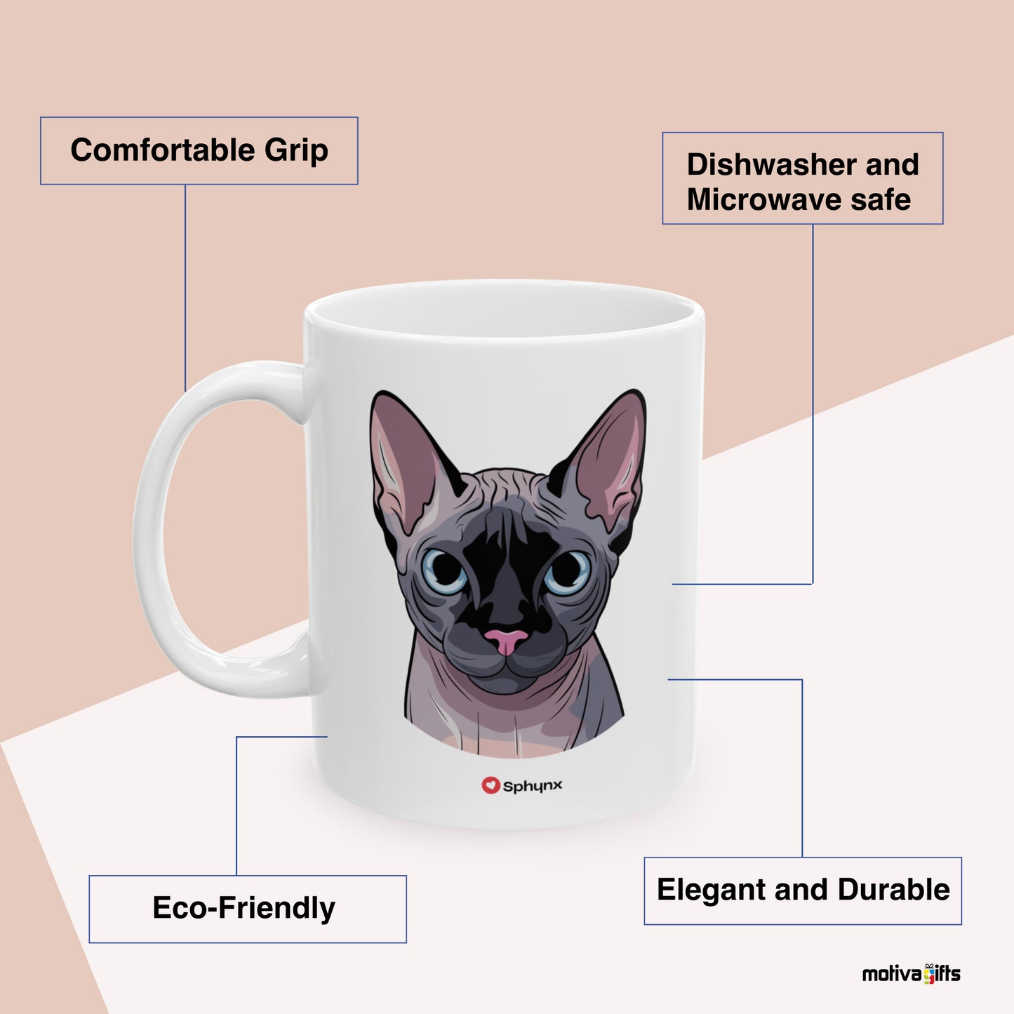 Sphynx Love Cat Benefits: comfortable grip, eco-friendly, dishwasher and microwave safe, elegant and durable. By Motiva Gifts.