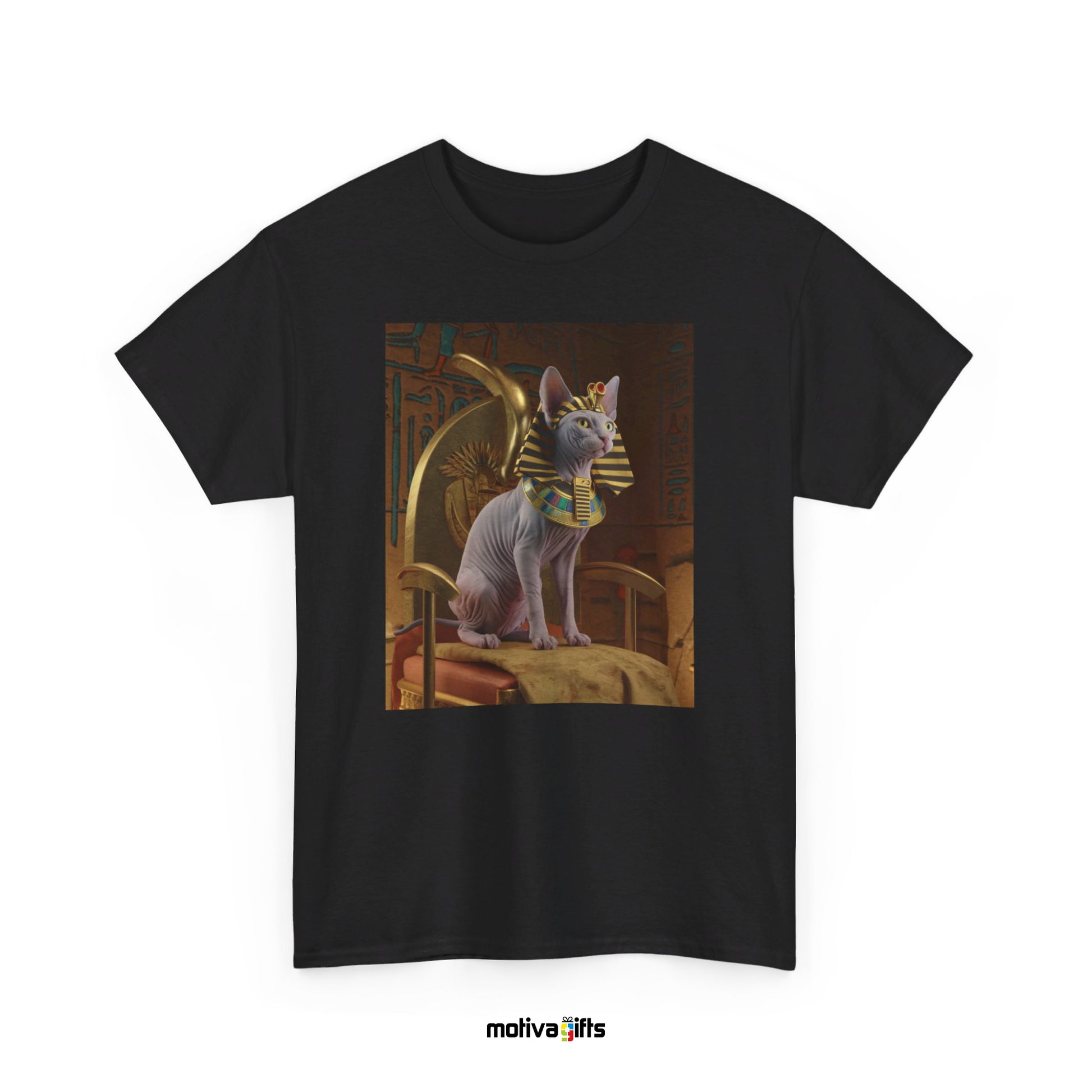 Unisex black Shirt featuring a design of a Sphynx Cat wearing a Pharaoh Halloween costume 