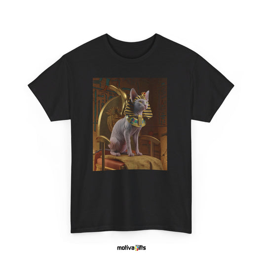 Unisex black Shirt featuring a design of a Sphynx Cat wearing a Pharaoh Halloween costume 