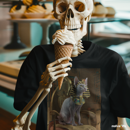 Skeleton wearing a black Shirt featuring a design of a Sphynx Cat Pharaoh