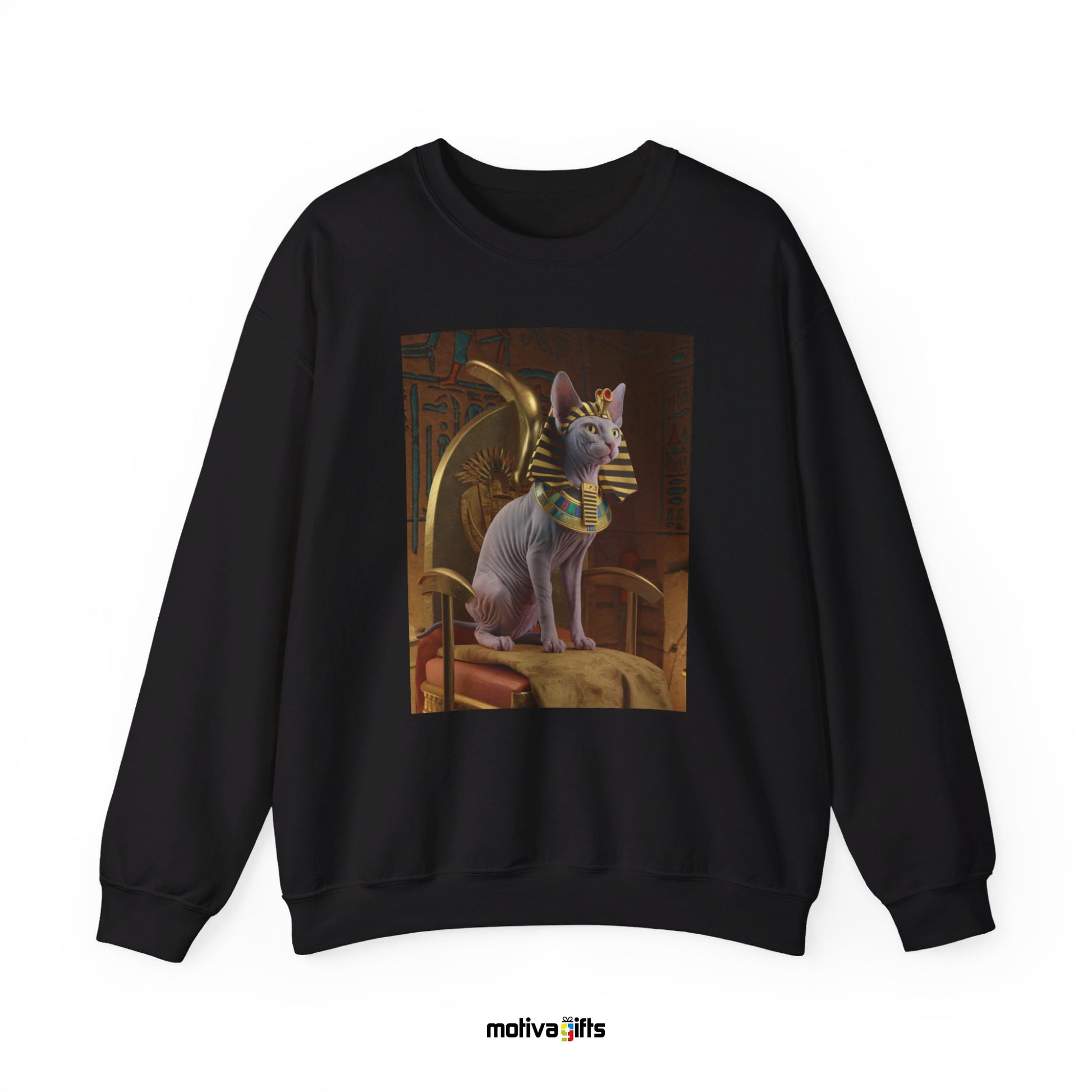 Unisex black sweatshirt featuring a design of a Sphynx Cat wearing a Pharaoh Halloween costume 