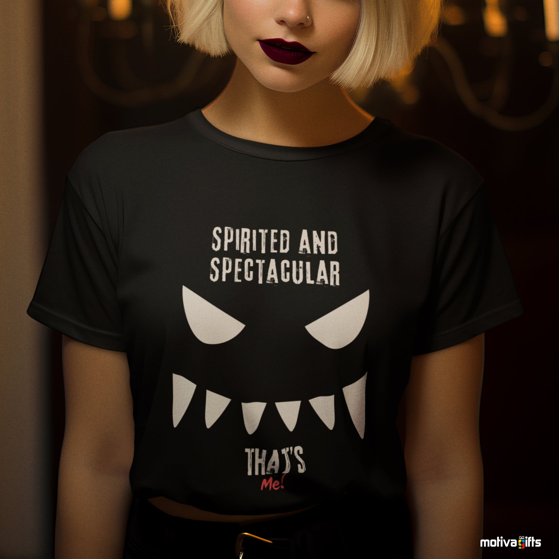 Women wearing a Spirited and Spectacular It's Me Unisex black Crewneck Tshirt