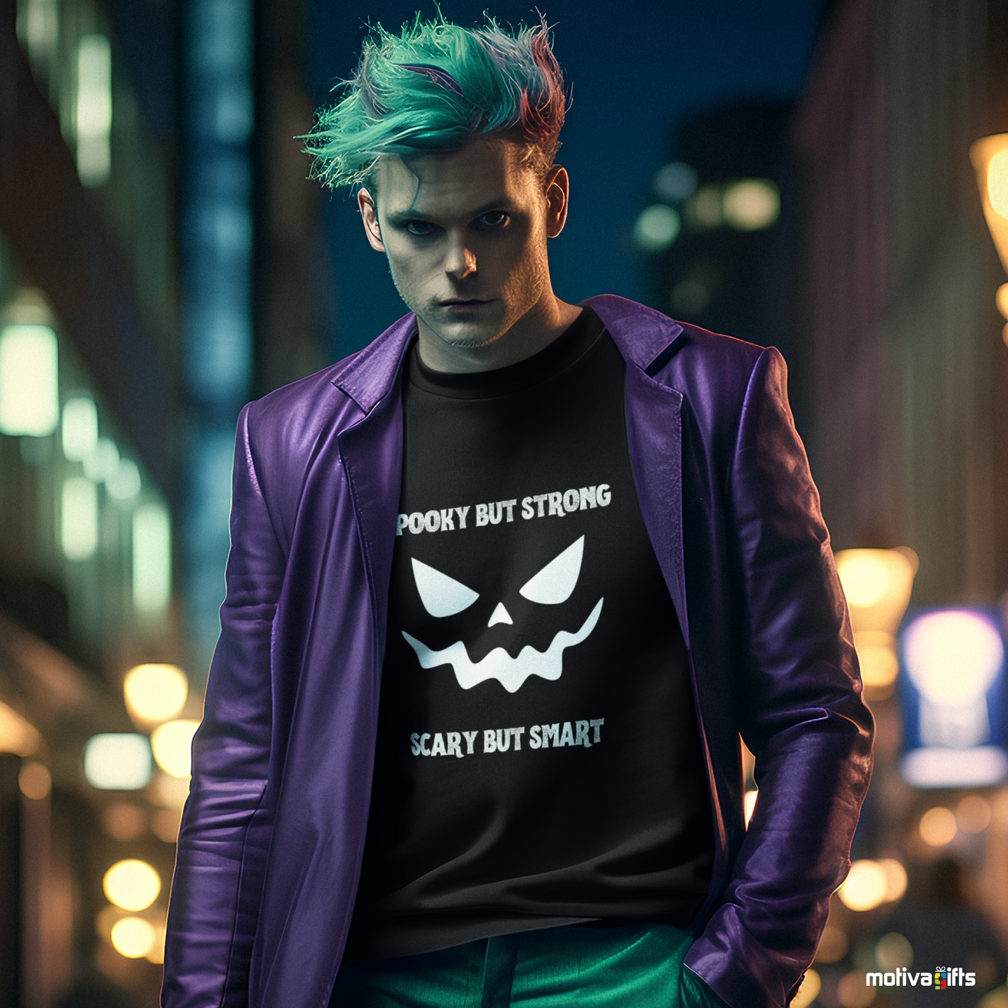 Men wearing a Spooky But Strong, Scary But Smart Unisex black sweatshirt