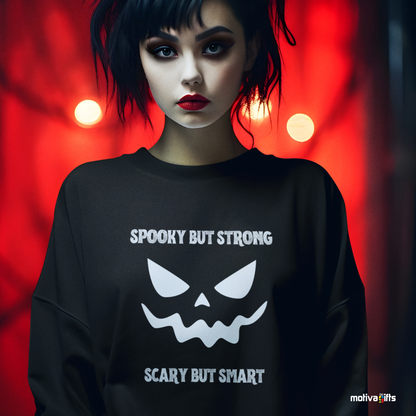 Women wearing a Spooky But Strong, Scary But Smart Unisex black sweatshirt