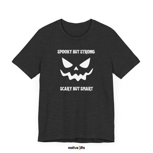 Spooky But Strong, Scary But Smart Unisex Crewneck Tshirt_Dark Grey Heather_Front_Motiva Gifts 