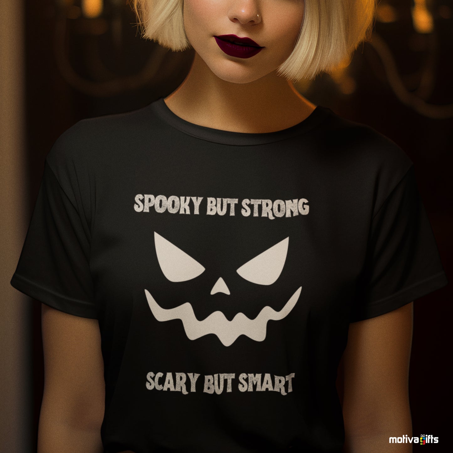 Women wearing a Spooky But Strong, Scary But Smart Unisex black Tshirt