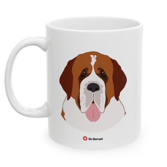 Left view white ceramic 11 oz mug featuring a drawing of a St. Bernard Dog. Clean white background.