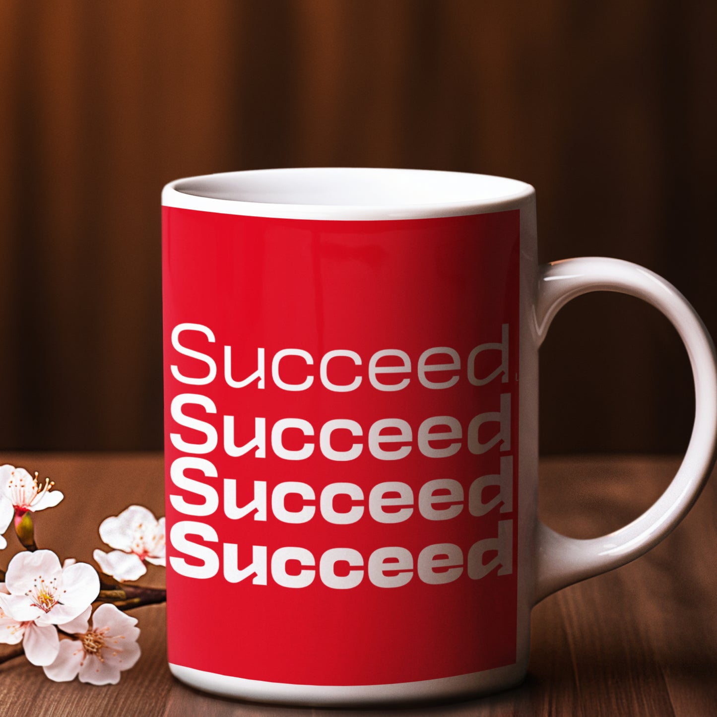 Left view of 'Succeed' Red Mug placed over a wooden table