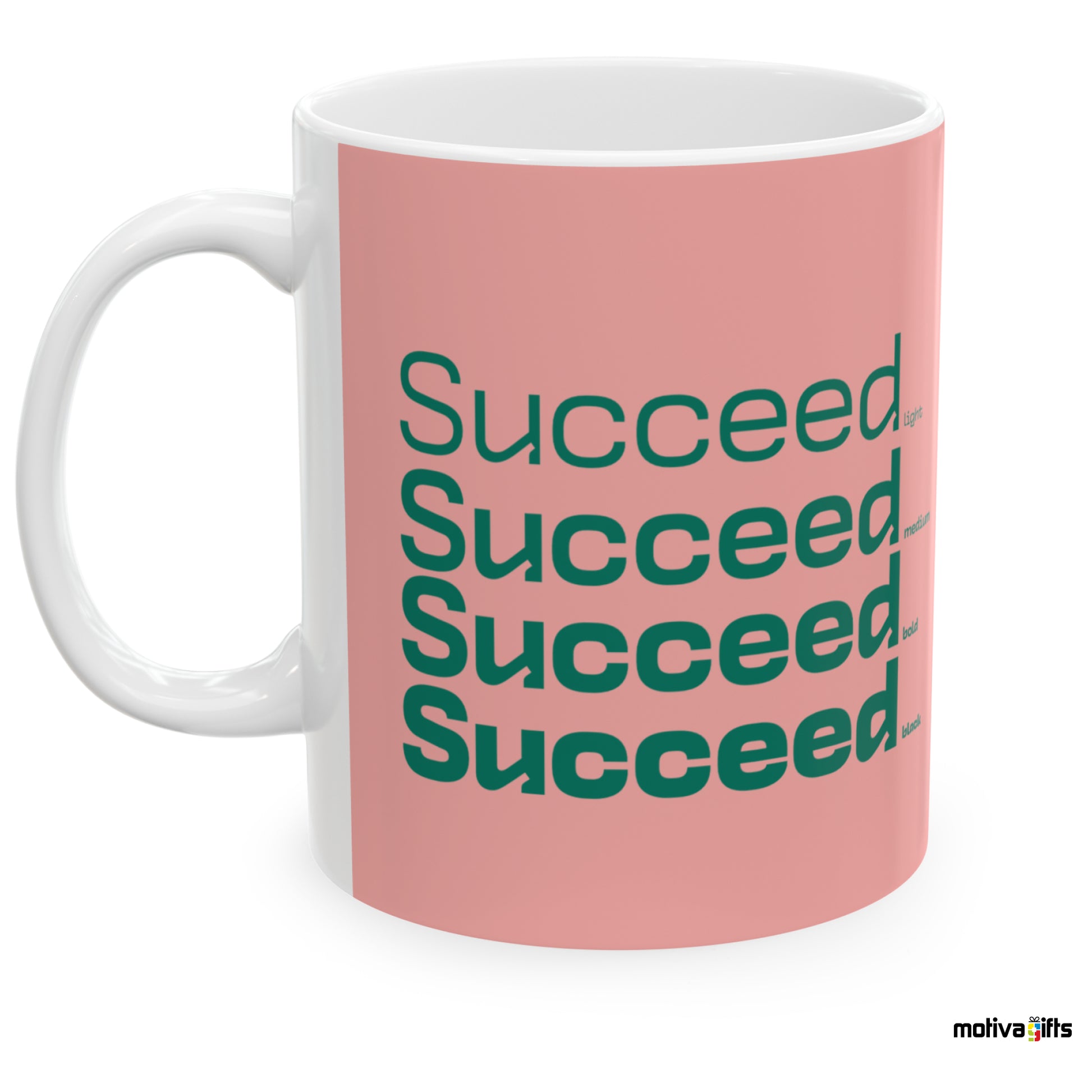 Succeed Motivate Words Salmon Mug- Left View