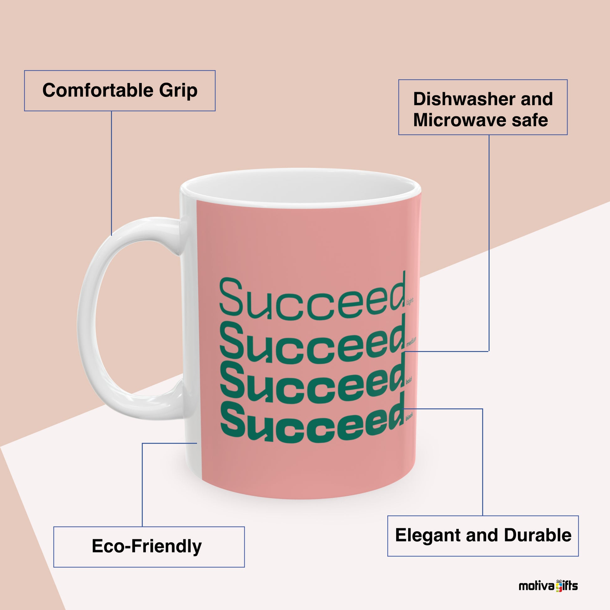 Succeed Motivate Words Salmon Mug Benefits: comfortable grip, eco-friendly, dishwasher and microwave safe, elegant and durable. By Motiva Gifts