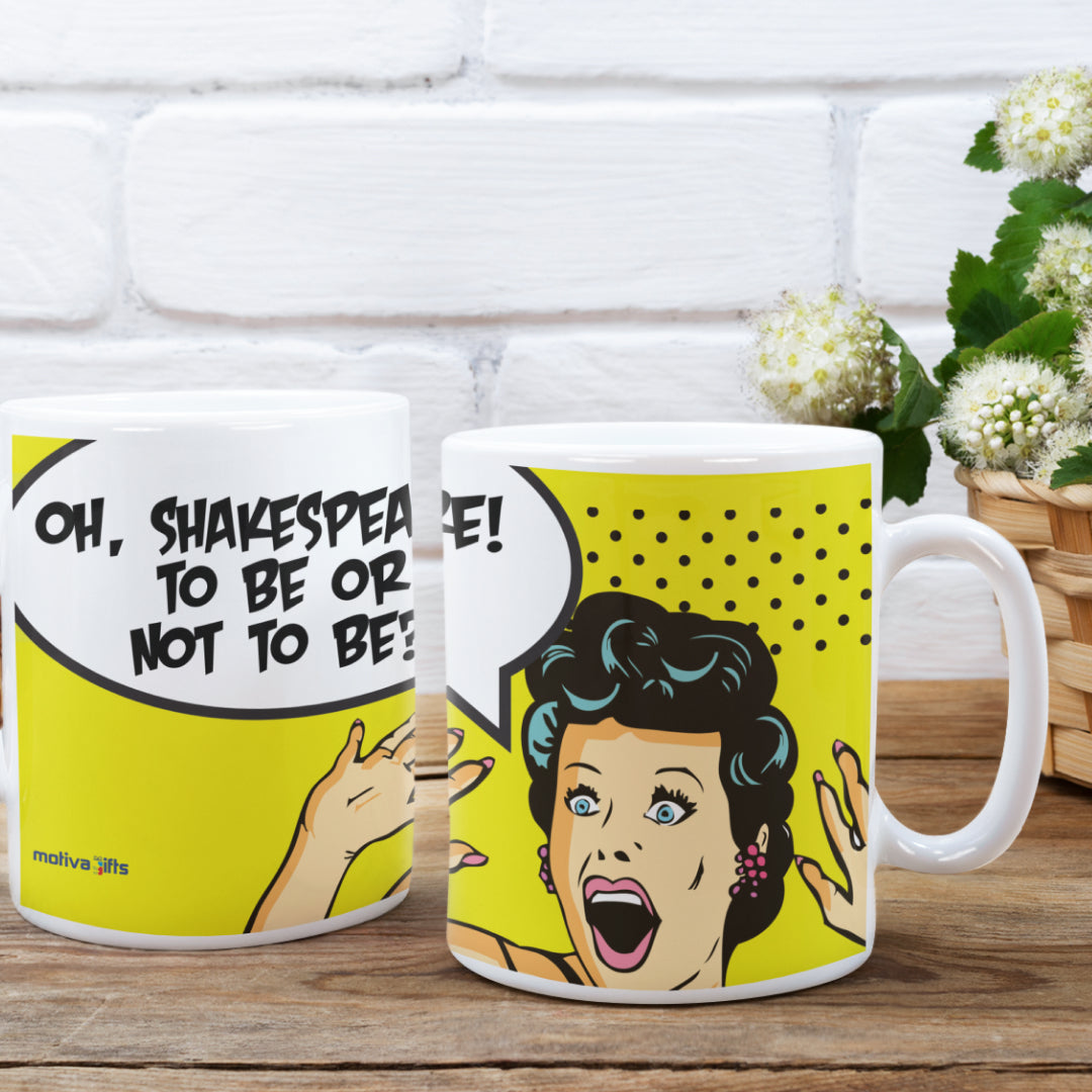 Woman holding a "Oh, Shakespeare! To be or not to be?" Wraparound 11 oz Ceramic Mug from Vintage Vibes Collection, perfect for coffee lovers and dreamers.