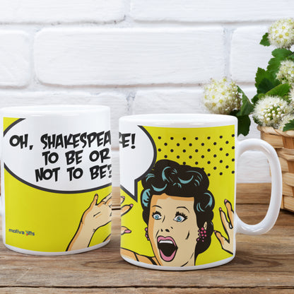 Woman holding a "Oh, Shakespeare! To be or not to be?" Wraparound 11 oz Ceramic Mug from Vintage Vibes Collection, perfect for coffee lovers and dreamers.