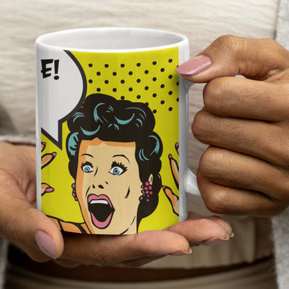 Woman holding a "Oh, Shakespeare! To be or not to be?" Wraparound 11 oz Ceramic Mug from Vintage Vibes Collection, perfect for coffee lovers and dreamers.