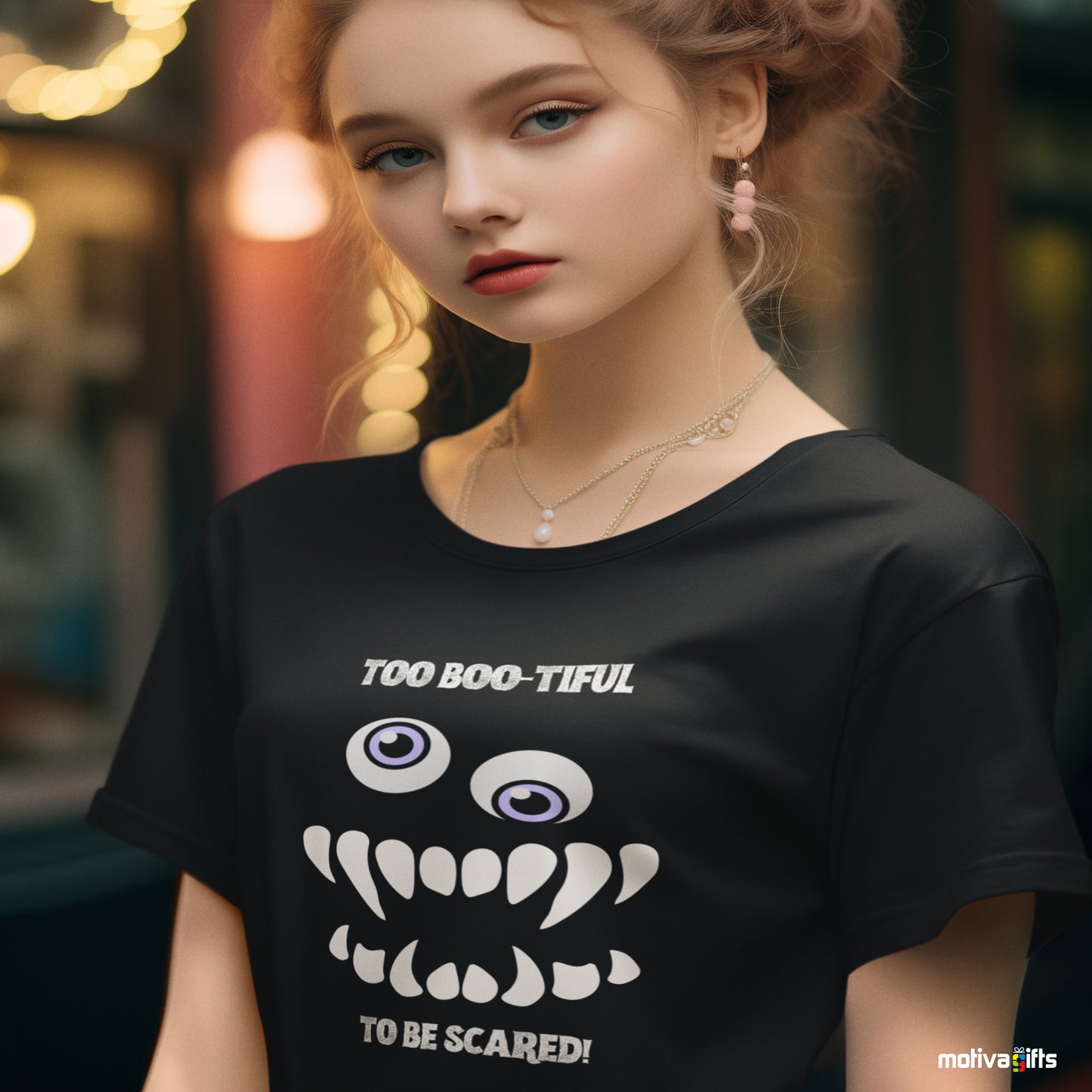 women wearing a Too Boo-tiful to Be Scared Unisex black Crewneck Tshirt