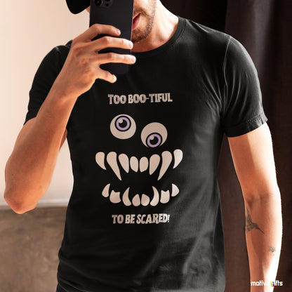 Men wearing a Too Boo-tiful to Be Scared Unisex black Crewneck Tshirt