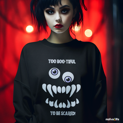 Women wearing a Too Boo-tiful to Be Scared Unisex black Crewneck Sweatshirt