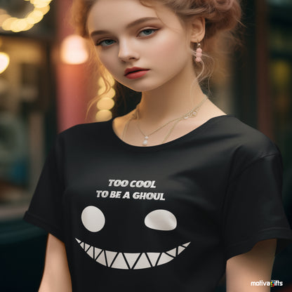 Women wearing a Too Cool to Be a Ghoul Unisex black Crewneck Tshirt