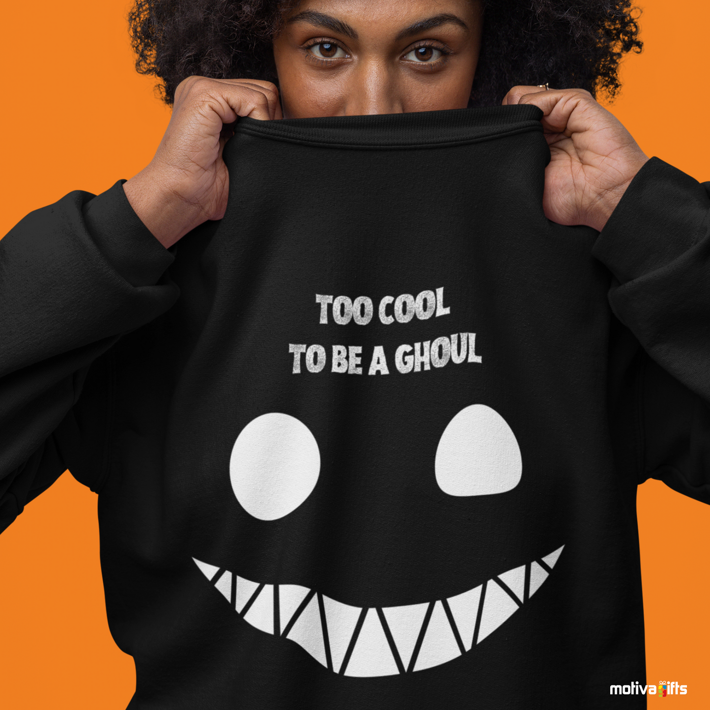 Women wearing a Too Cool to Be a Ghoul Unisex black Crewneck Sweatshirt