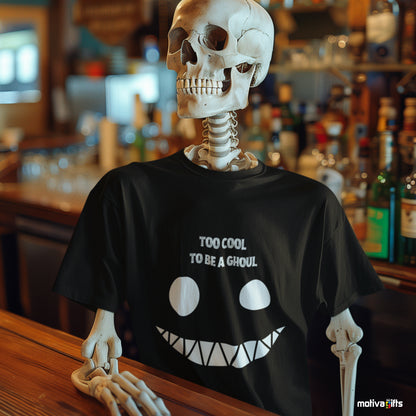 Skeleton wearing a Too Cool to Be a Ghoul Unisex black Crewneck Tshirt