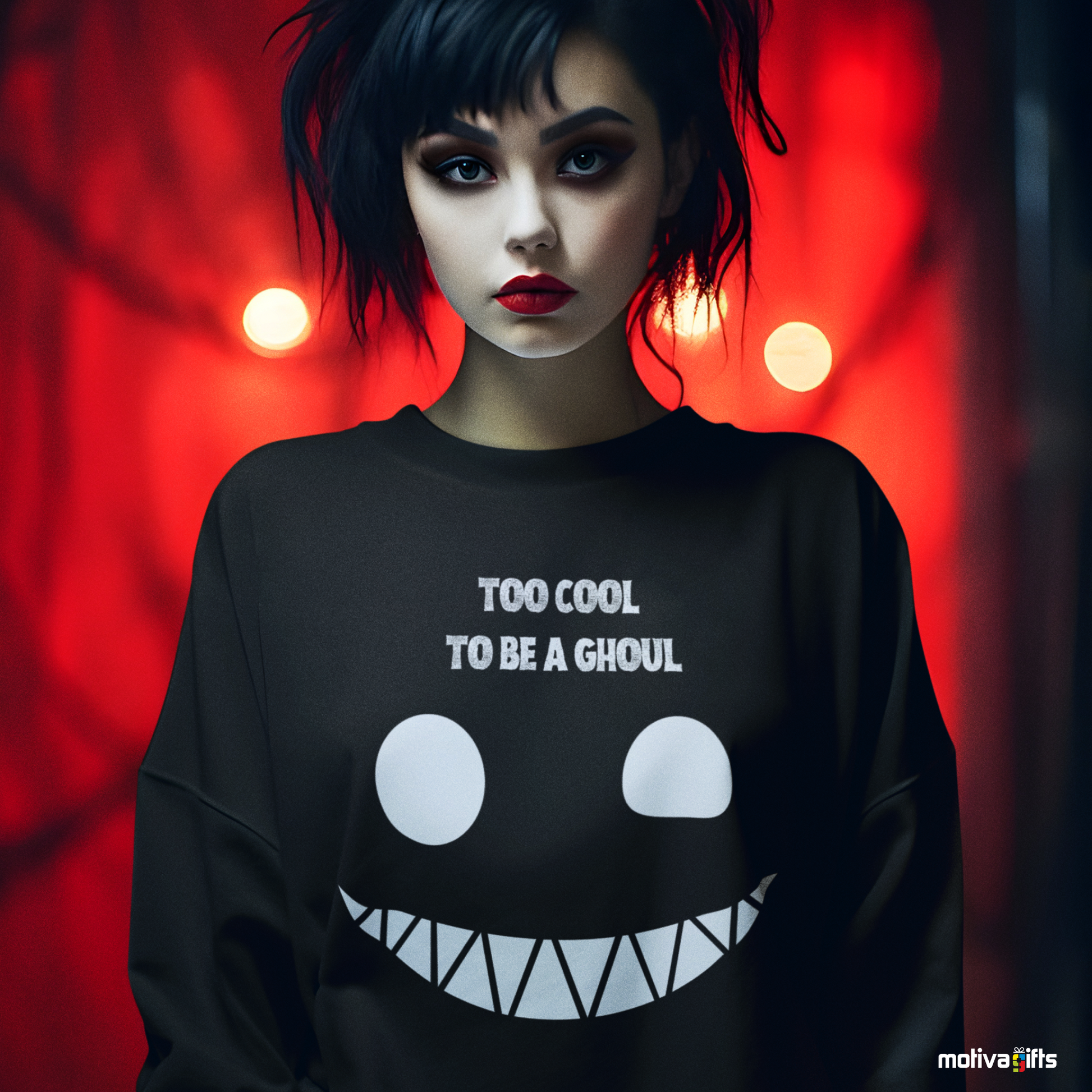 Women wearing a Too Cool to Be a Ghoul Unisex black Crewneck Sweatshirt