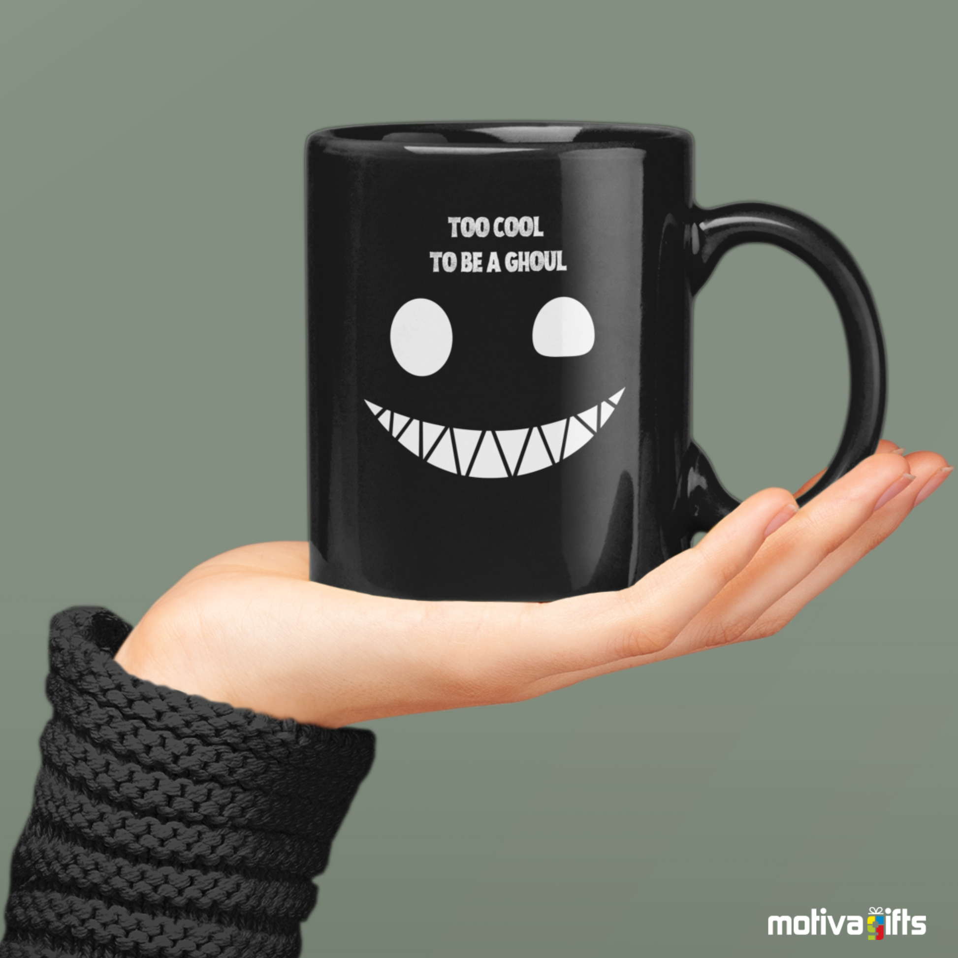 Woman holding a mug Too Cool to Be a Ghoul Mug,Black,11 oz, Motiva Gifts