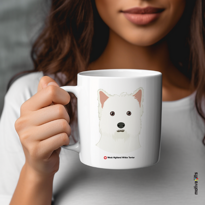 Explore the Love Dogs Collection: Woman Holds Unique  West Highland White Terrier  dog Design on a White 11oz Ceramic Mug, Exclusively at Motiva Gifts. Savor Your Coffee with Style!