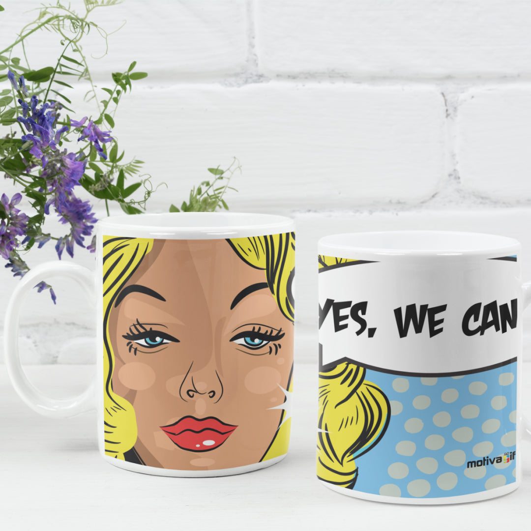 Front and back view of "Yes, we can!" wraparound 11oz mug. 