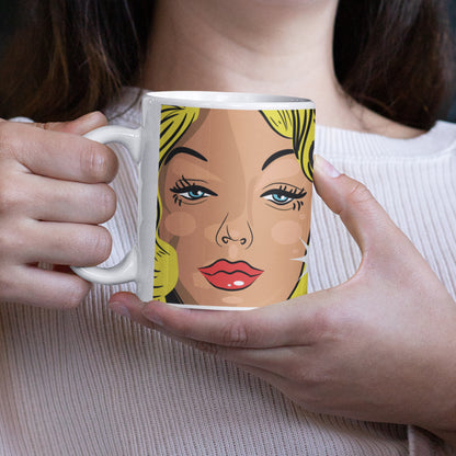 Woman holding a "Yes, We Can" Wraparound 11 oz Ceramic Mug from Vintage Vibes Collection, perfect for coffee lovers and dreamers. 