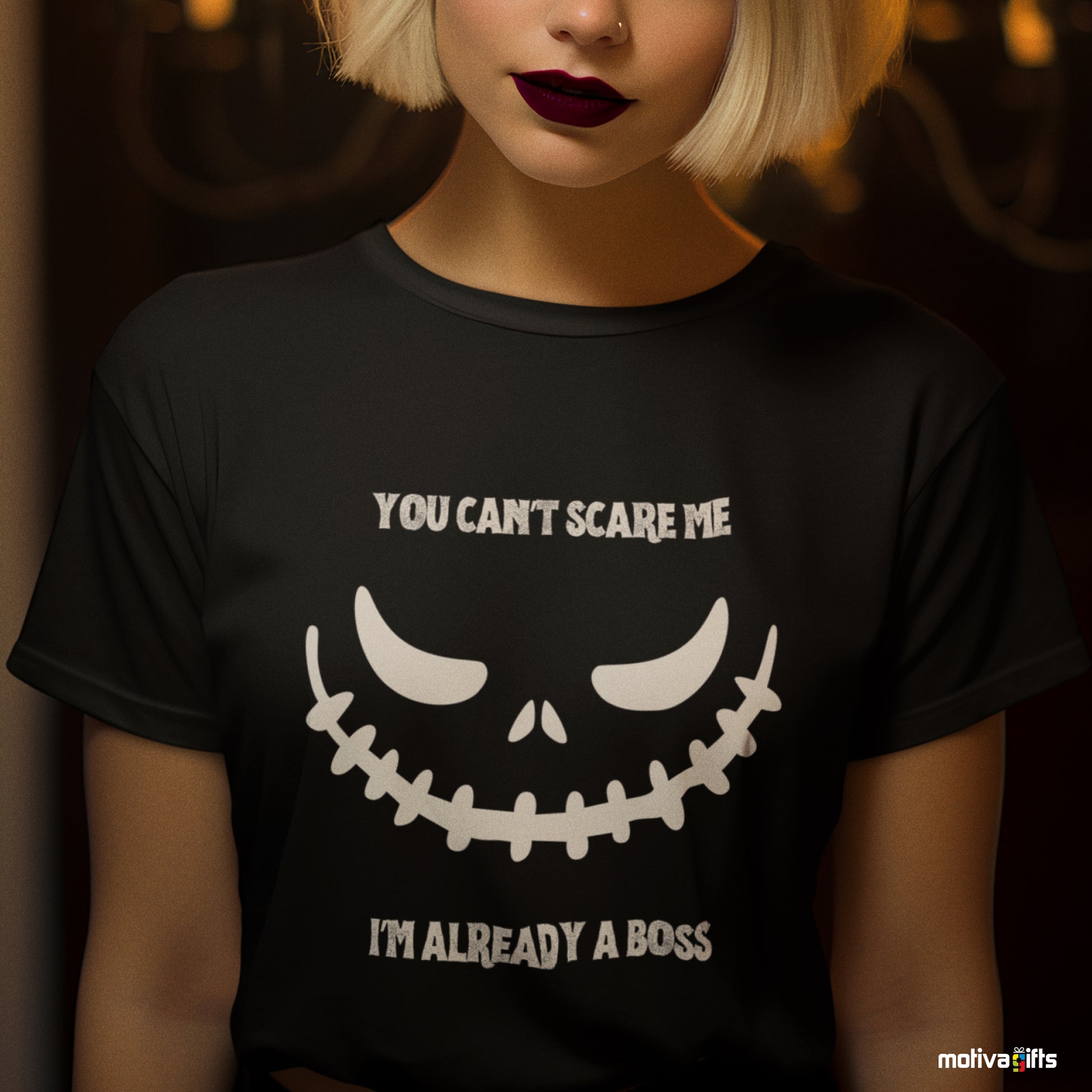 Women wearing a You Can't Scare Me I'm Already a Boss Unisex black Crewneck Tshirt