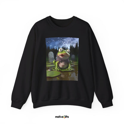 Unisex black sweatshirt featuring a design of a Zombie Frog Moonlight 