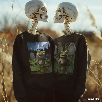 Skeleton couple wearing a black sweatshirt featuring a design of a Zombie Frog Moonlight and zombie frog pond