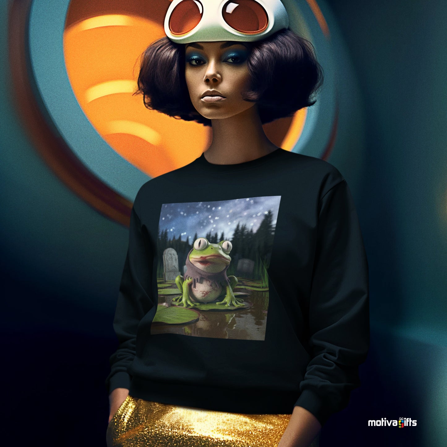 Woman wearing a black sweatshirt featuring a design of a Zombie Frog Moonlight 