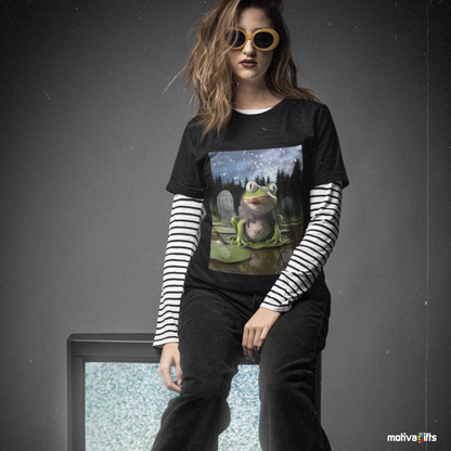 Woman wearing a black Shirt featuring a design of a Zombie Frog Moonlight 