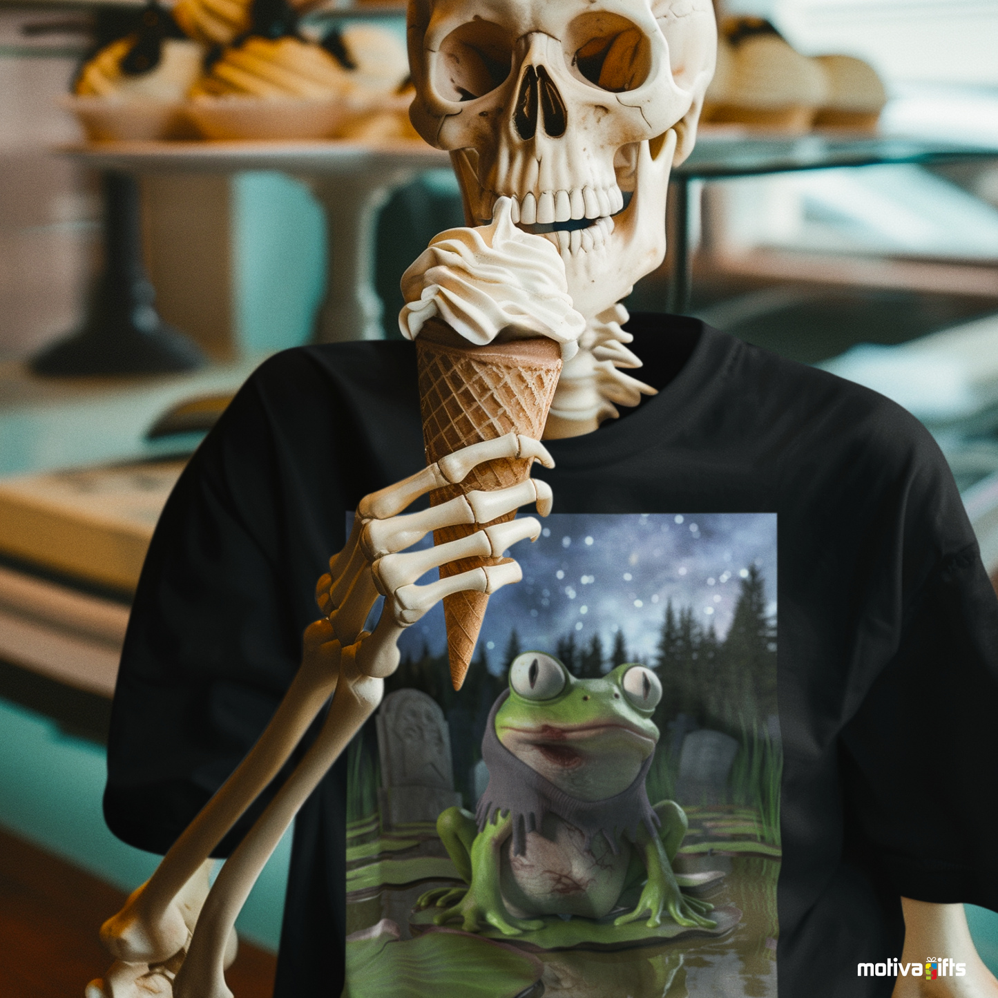 Skeleton wearing a black Shirt featuring a design of a Zombie Frog Moonlight 