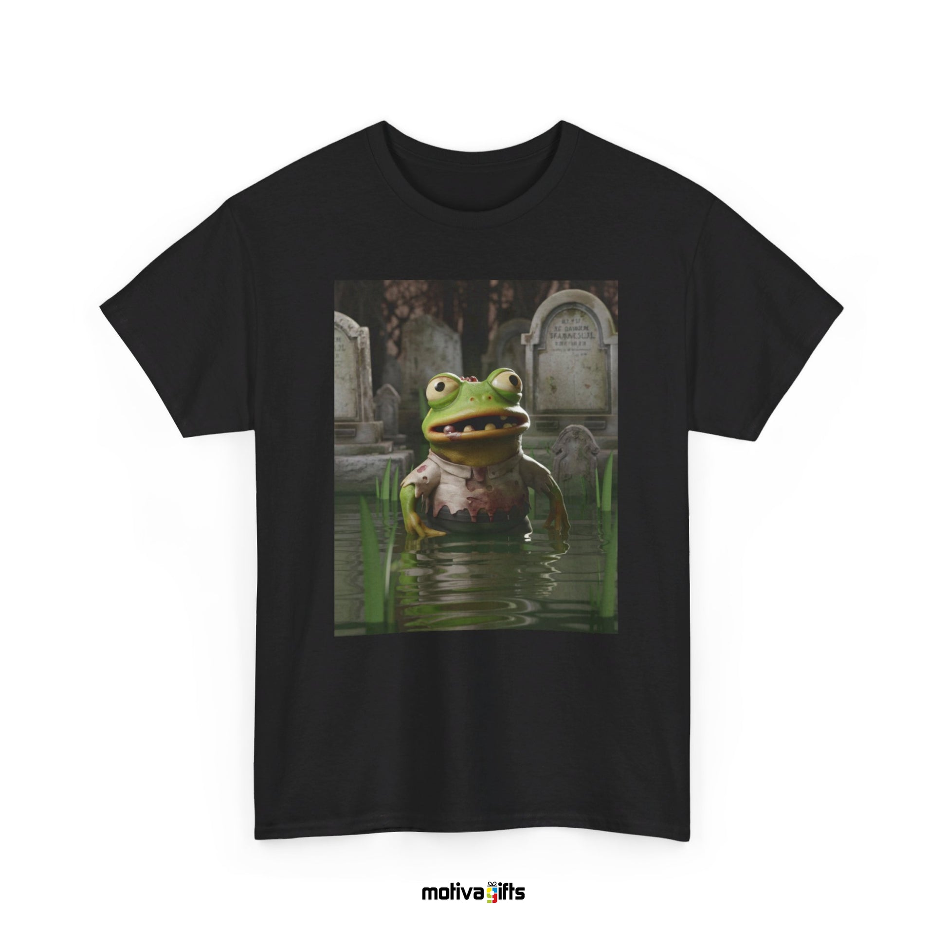 Unisex black Shirt featuring a design of a Zombie Frog in a pond  