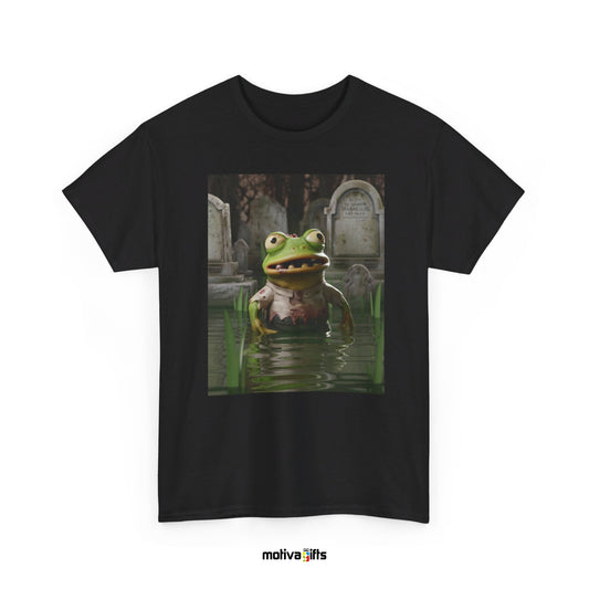 Unisex black Shirt featuring a design of a Zombie Frog in a pond  