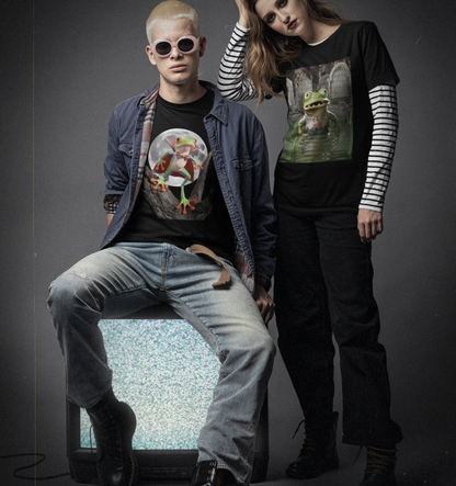 Couple wearing a black Shirt featuring a design of a Zombie Frog in a pond  and poison dart frog vampire