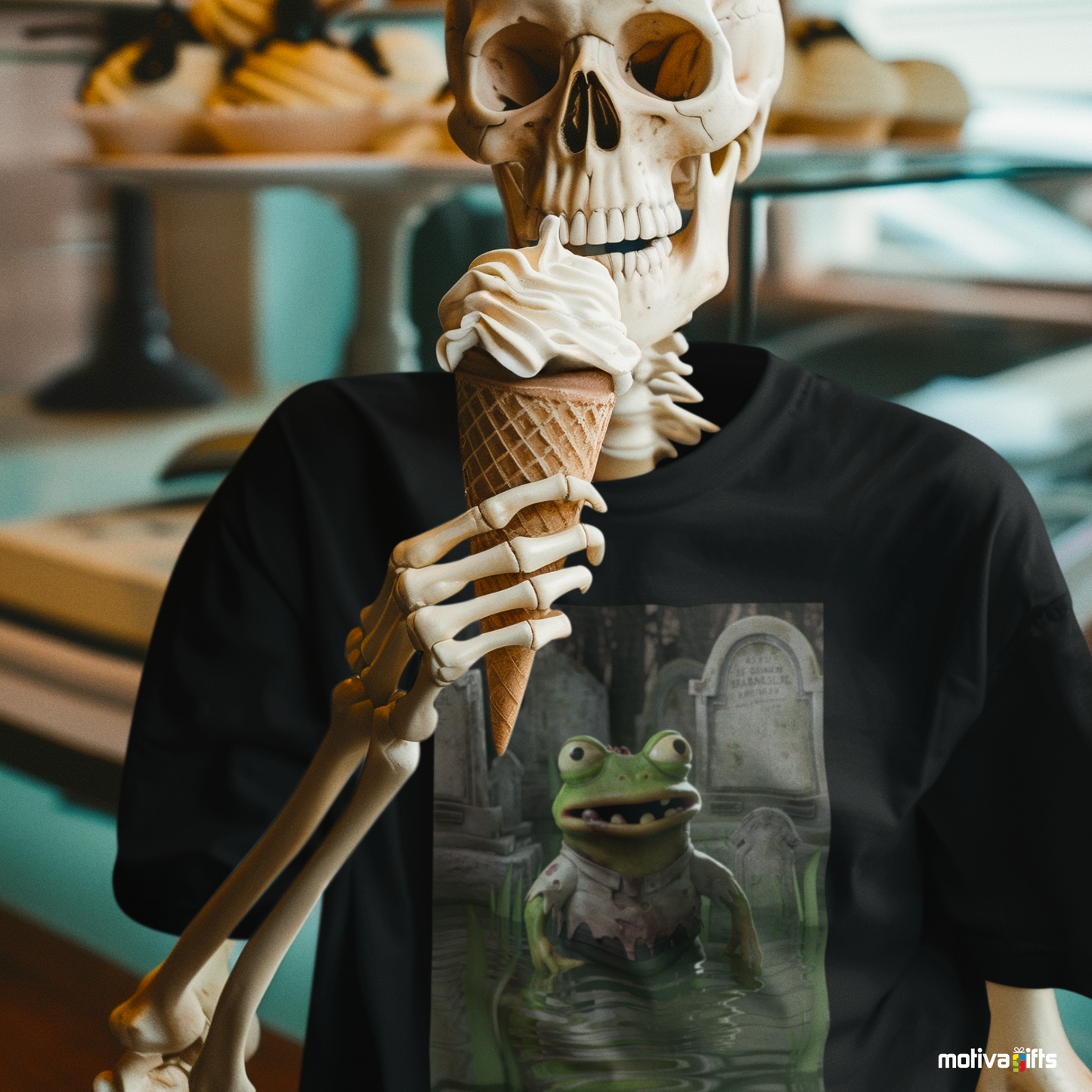 Skeleton wearing a black Shirt featuring a design of a Zombie Frog in a pond  