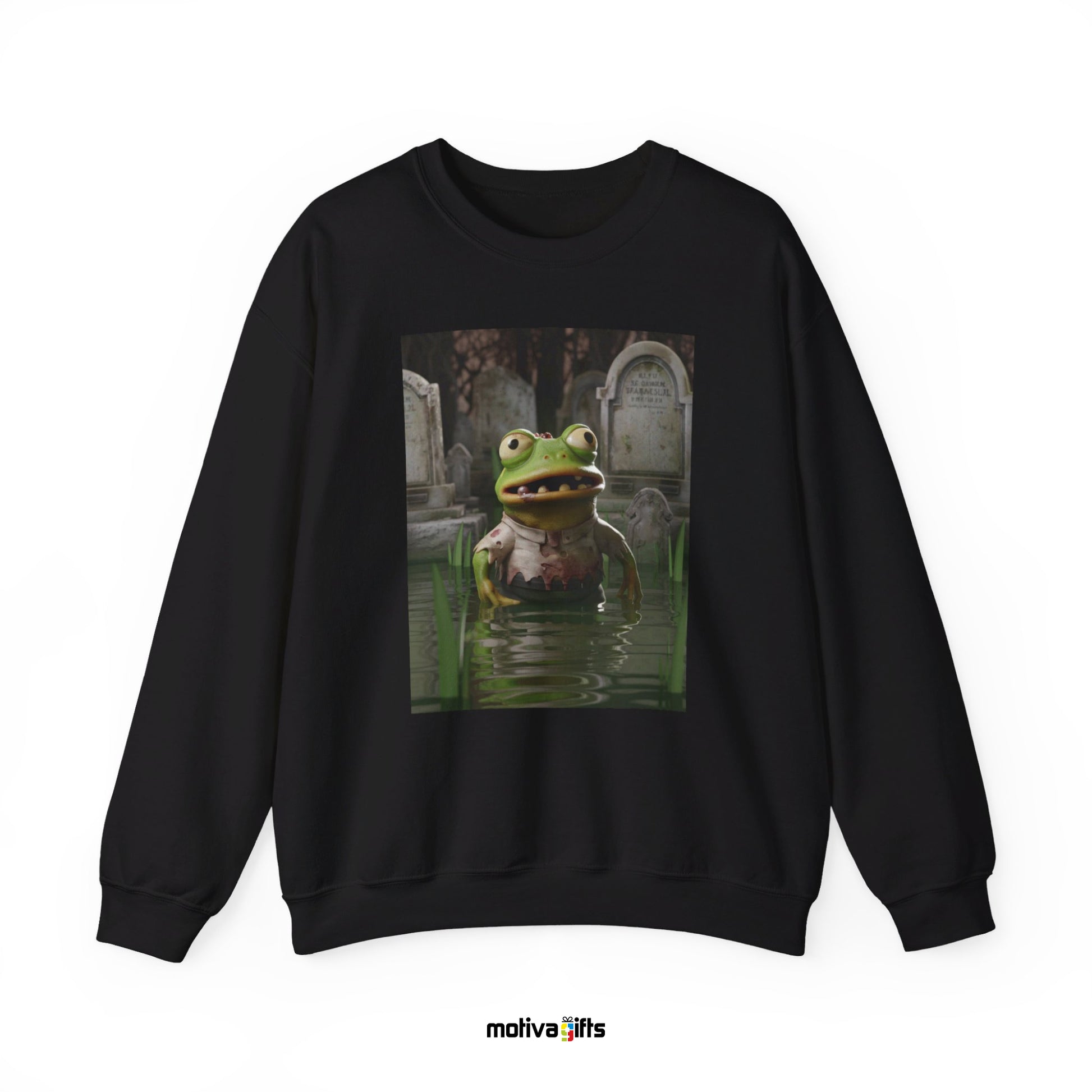 Unisex black sweatshirt featuring a design of a Zombie Frog in a pond  