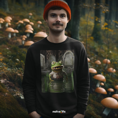 Man wearing a black sweatshirt featuring a design of a Zombie Frog in a pond  