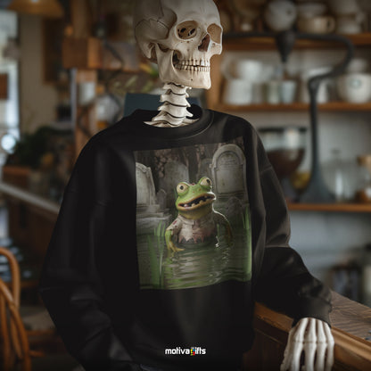 Skeleton wearing a black sweatshirt featuring a design of a Zombie Frog in a pond  