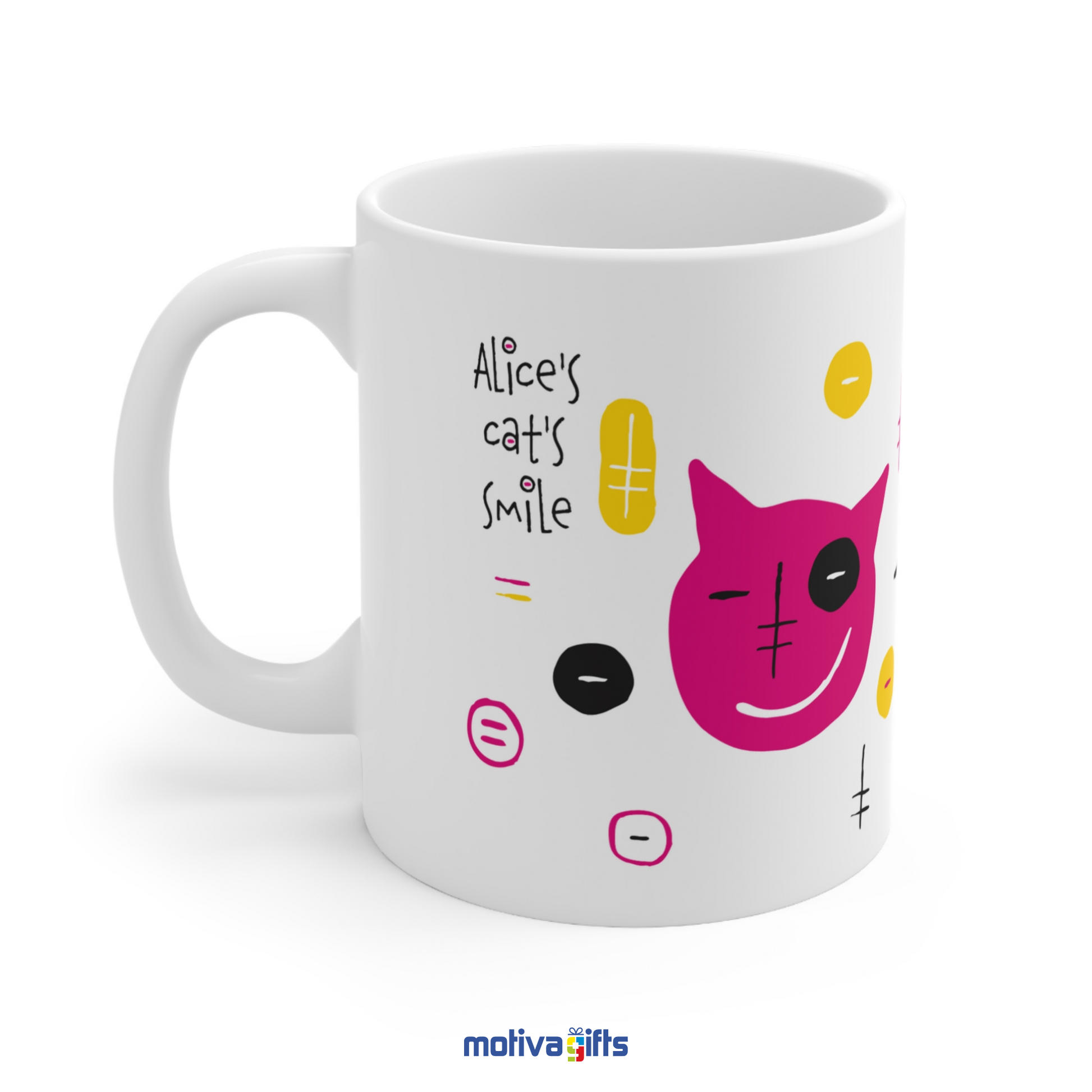 Alice Cat's Smile Collection White 11 oz Mug - Left view - Motiva Gifts 