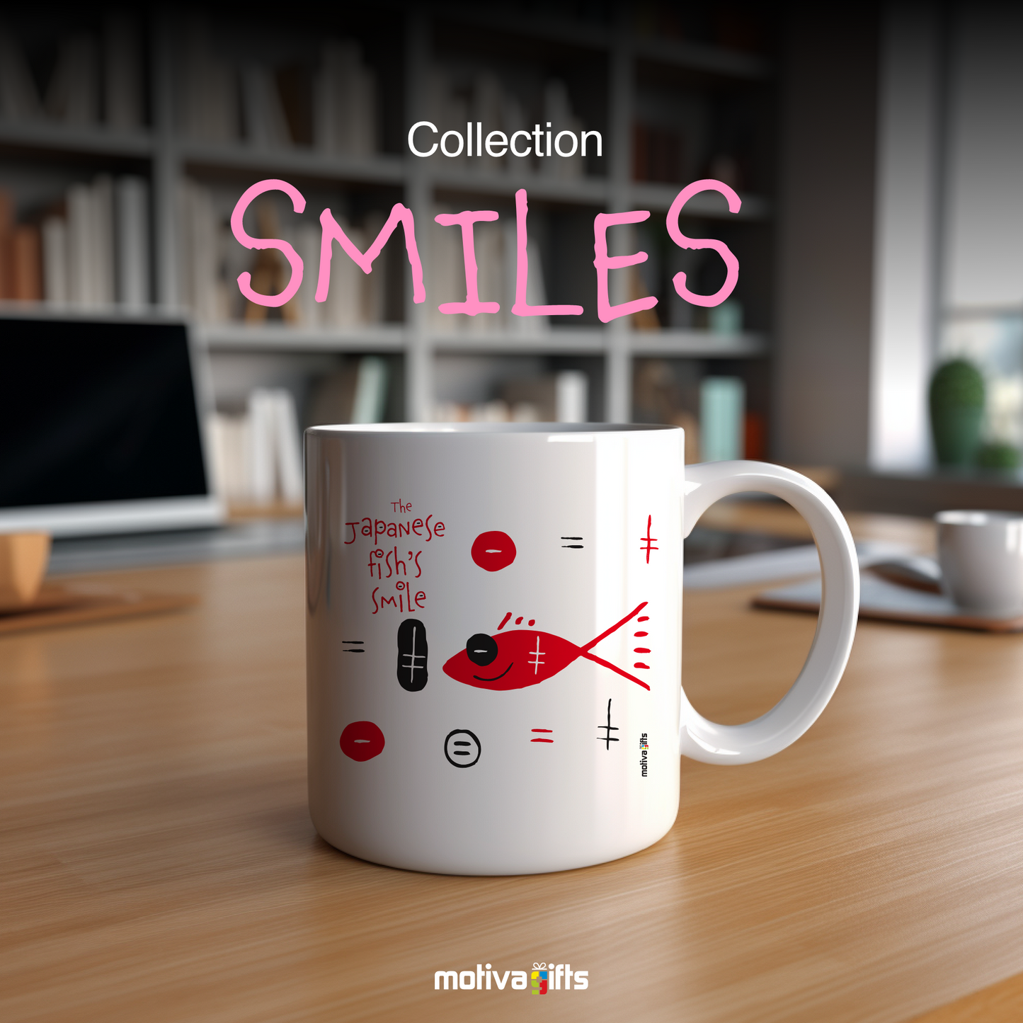 Japanese Fish Smile Mug - Front view - Motiva Gifts