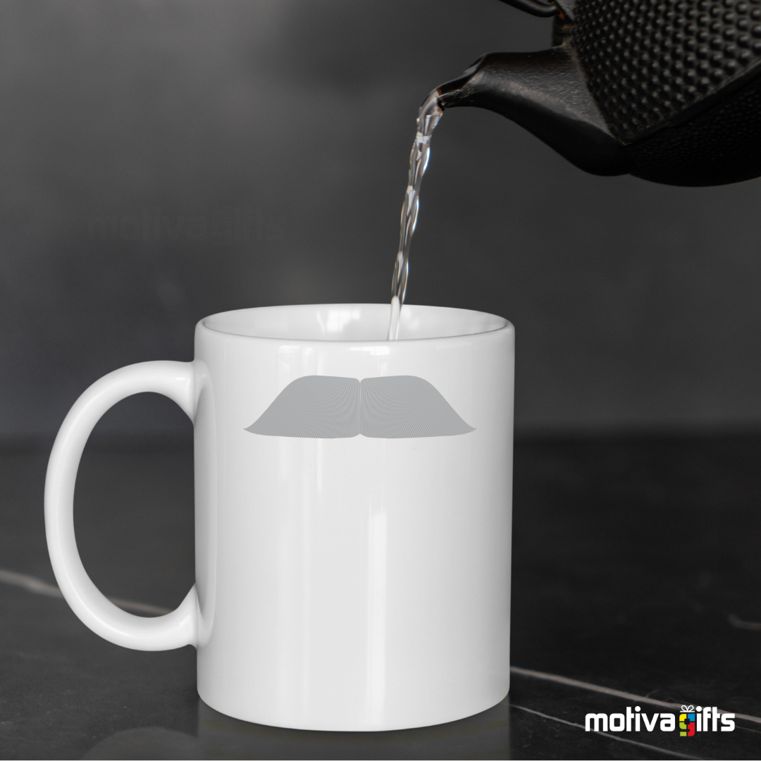 Left view of white coffee mug with gray mustache design inspired by Mahatma Gandhi. By Motiva Gifts