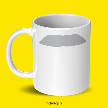 Left view of white coffee mug with gray mustache design inspired by Mahatma Gandhi. By Motiva Gifts