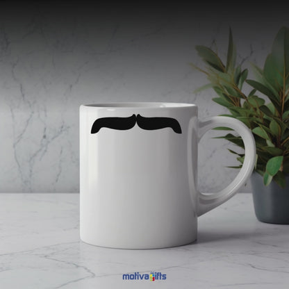 A video shows a mug with a black mustache design Freddie Mercury from various angles and perspectives by Motiva Gifts