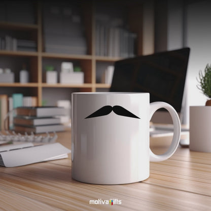 A video shows a mug with a black mustache design Clark Gable from various angles and perspectives by Motiva Gifts