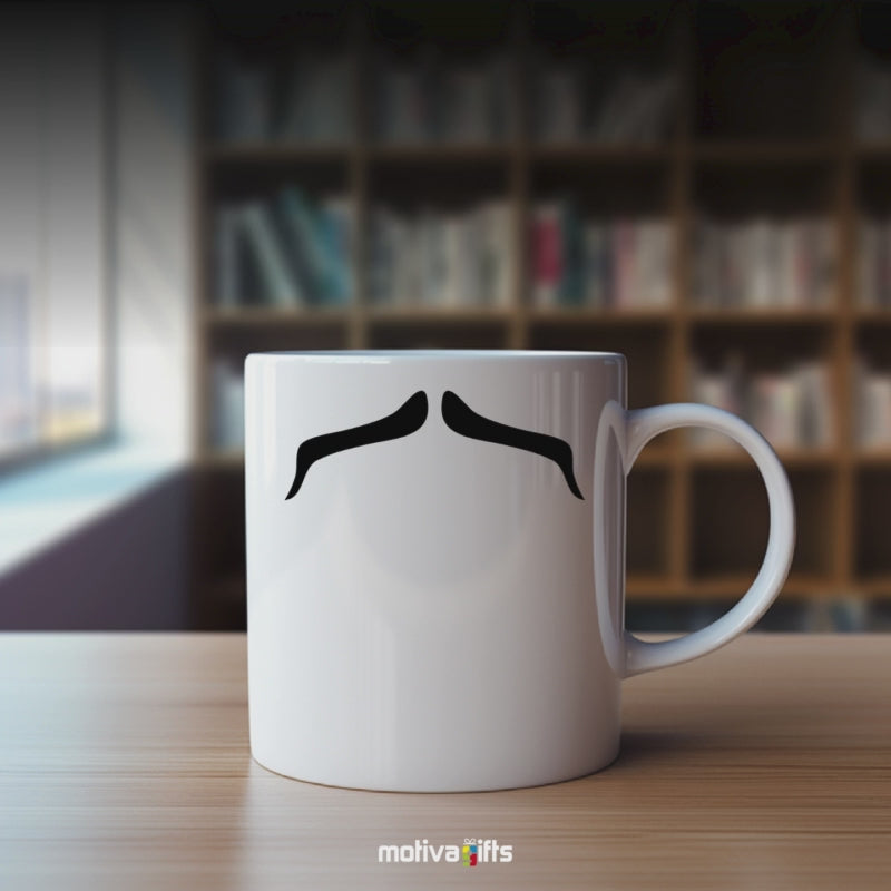 A video shows a mug with a black mustache design Charles Bronson from various angles and perspectives by Motiva Gifts