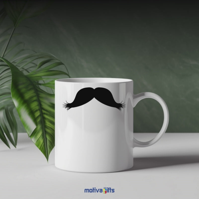 A video shows a mug with a black mustache design Friedrich Nietzsche from various angles and perspectives by Motiva Gifts