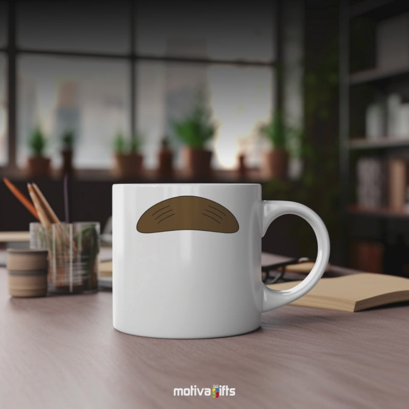 A video shows a mug with a gray mustache design, resembling Ned Flanders, from various angles and perspectives by Motiva Gifts